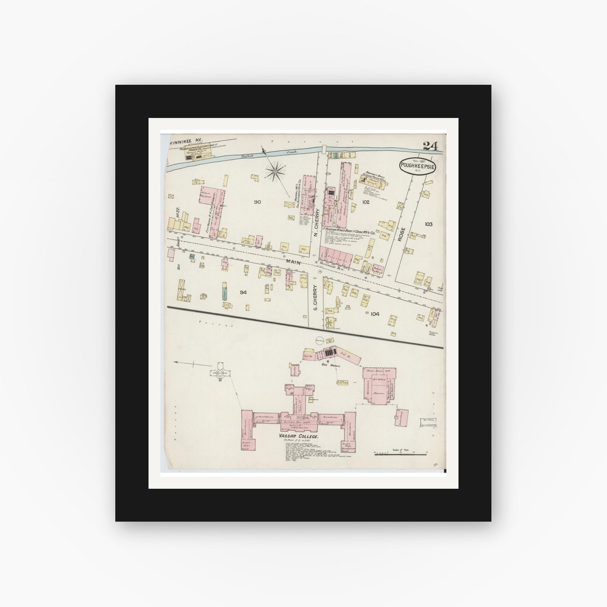 Old map wall art mockup — black gallery frame with white mat — Sanborn Fire Insurance Map from Poughkeepsie, Dutchess County, New York (1887), Sheet #0024
