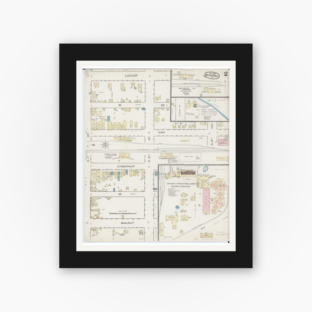 Old map wall art mockup — black gallery frame with white mat — Sanborn Fire Insurance Map from Minonk, Woodford County, Illinois (1885), Sheet #0002