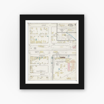 Old map wall art mockup — black gallery frame with white mat — Sanborn Fire Insurance Map from Minonk, Woodford County, Illinois (1885), Sheet #0002