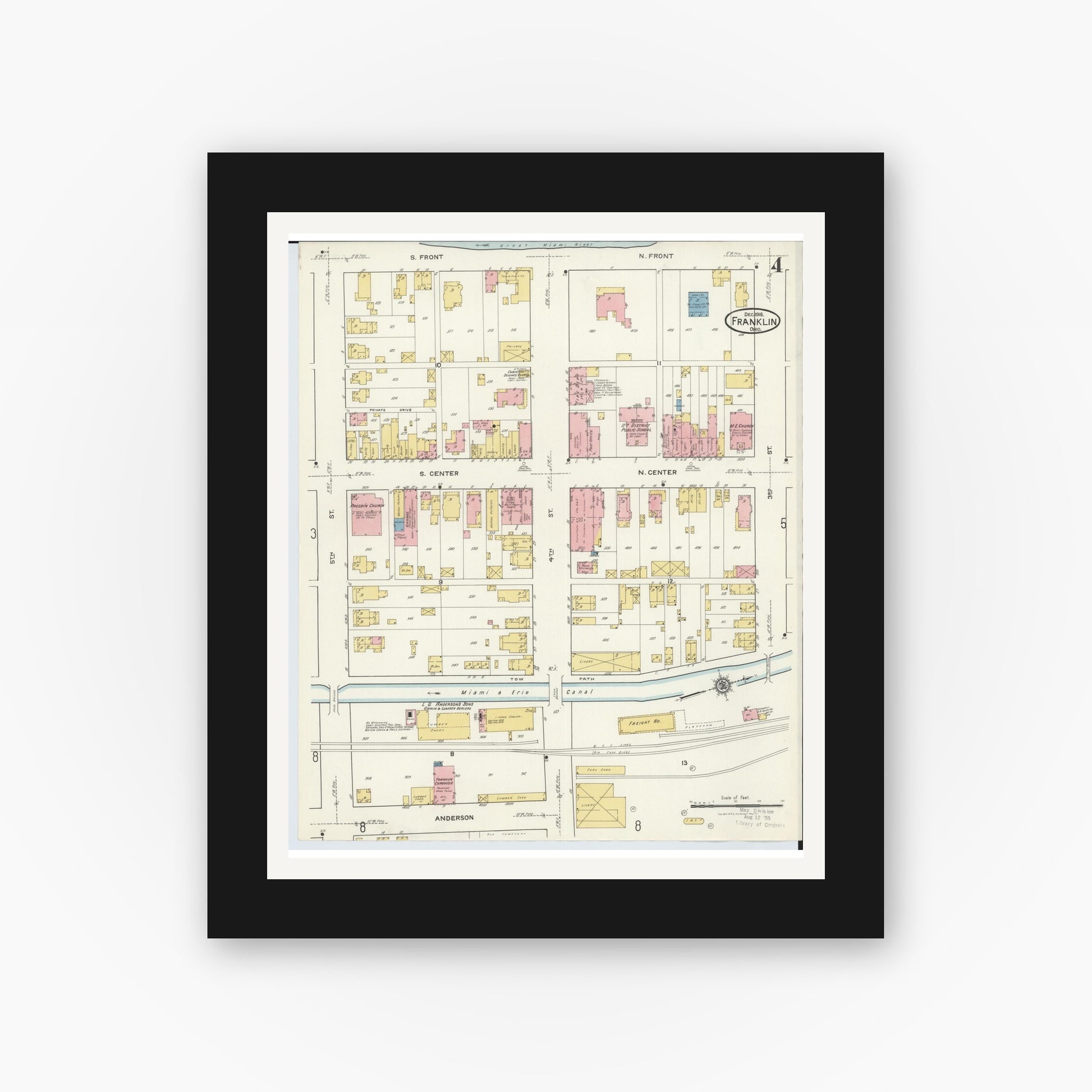 Old map wall art mockup — black gallery frame with white mat — Sanborn Fire Insurance Map from Franklin, Warren County, Ohio (1916), Sheet #0004