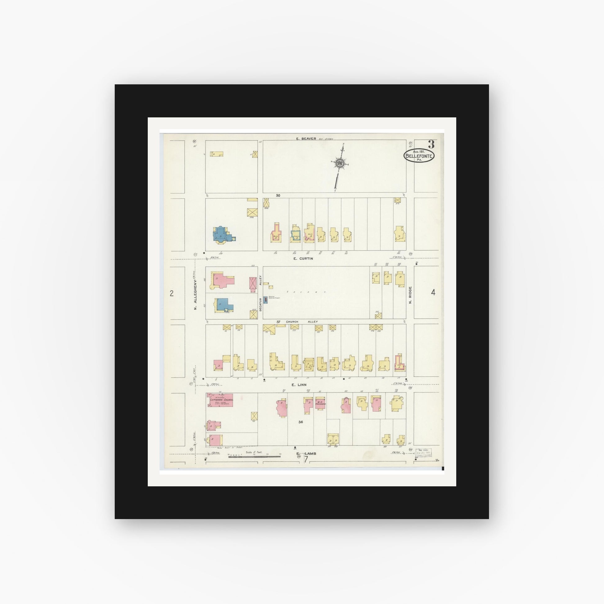 Old map wall art mockup — black gallery frame with white mat — Sanborn Fire Insurance Map from Bellefonte, Centre County, Pennsylvania (1911), Sheet #0003