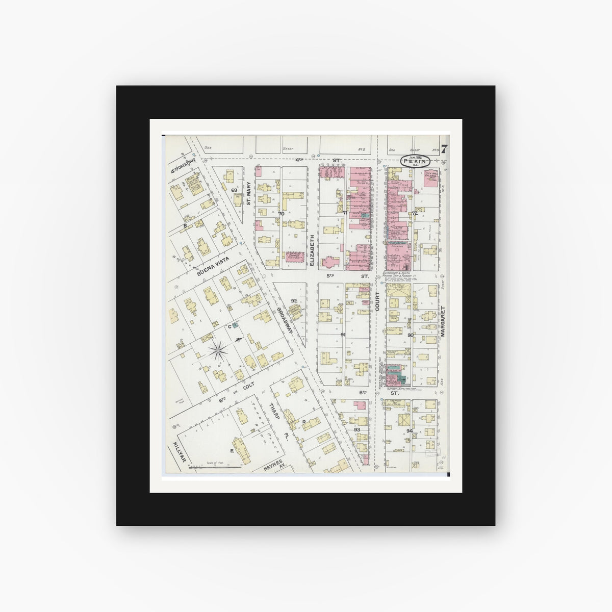 Old map wall art mockup — black gallery frame with white mat — Sanborn Fire Insurance Map from Pekin, Tazewell County, Illinois (1892), Sheet #0007