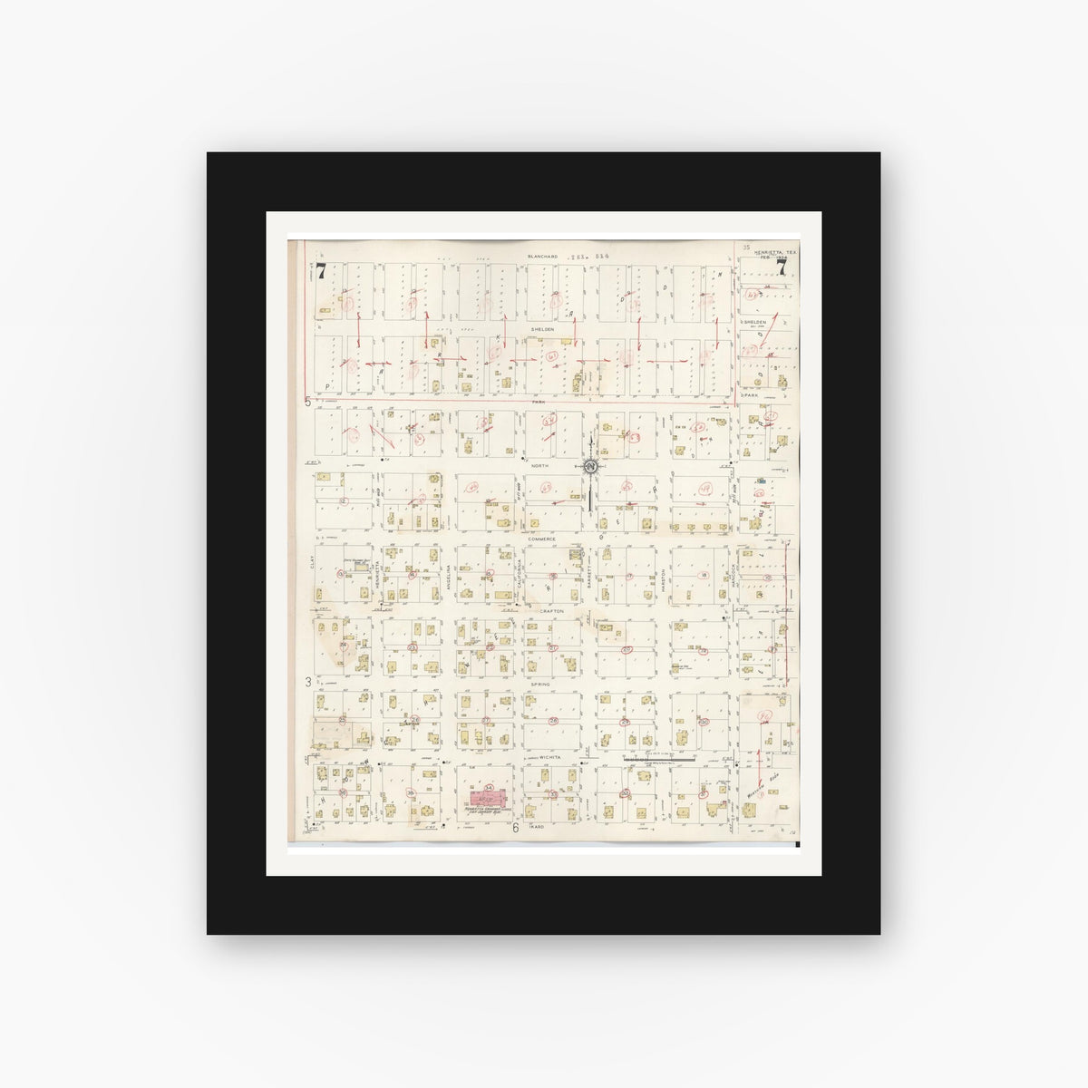 Old map wall art mockup — black gallery frame with white mat — Sanborn Fire Insurance Map from Henrietta, Clay County, Texas (1944), Sheet #0007