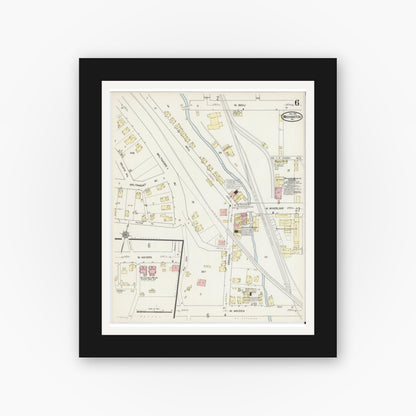 Old map wall art mockup — black gallery frame with white mat — Sanborn Fire Insurance Map from Washington, Washington County, Pennsylvania (1914), Sheet #0006