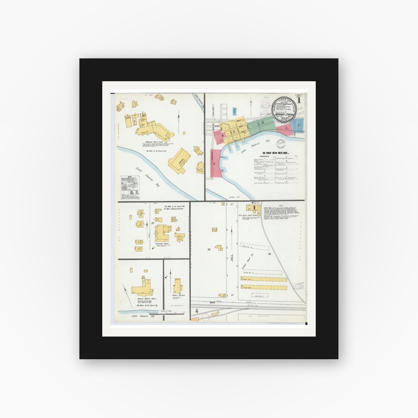 Old map wall art mockup — black gallery frame with white mat — Sanborn Fire Insurance Map from Harbor Springs, Emmet County, Michigan (1900) - Complete Map Set