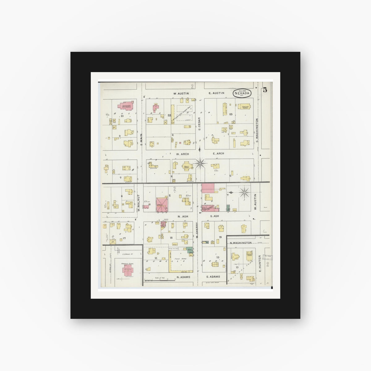 Old map wall art mockup — black gallery frame with white mat — Sanborn Fire Insurance Map from Nevada, Vernon County, Missouri (1894), Sheet #0005