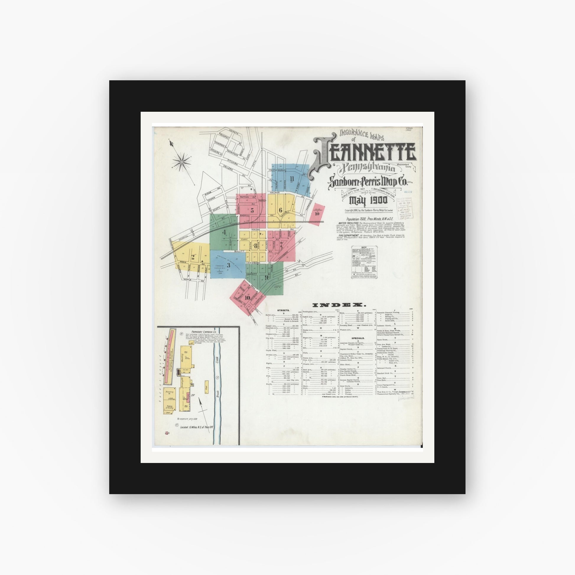 Old map wall art mockup — black gallery frame with white mat — Sanborn Fire Insurance Map from Jeannette, Westmoreland County, Pennsylvania (1900) - Complete Map Set