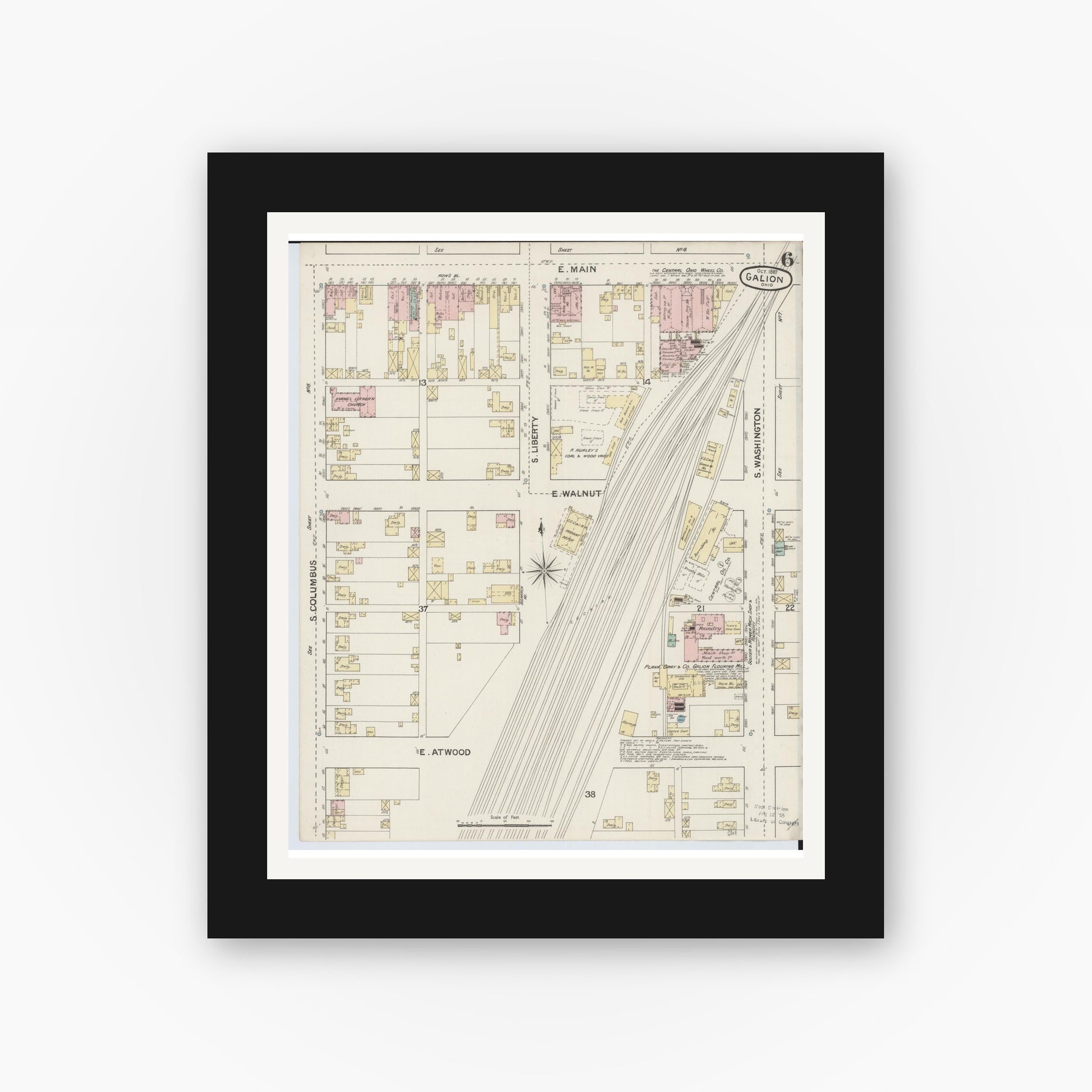 Old map wall art mockup — black gallery frame with white mat — Sanborn Fire Insurance Map from Galion, Crawford County, Ohio (1887), Sheet #0006