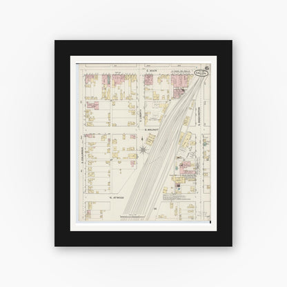Old map wall art mockup — black gallery frame with white mat — Sanborn Fire Insurance Map from Galion, Crawford County, Ohio (1887), Sheet #0006
