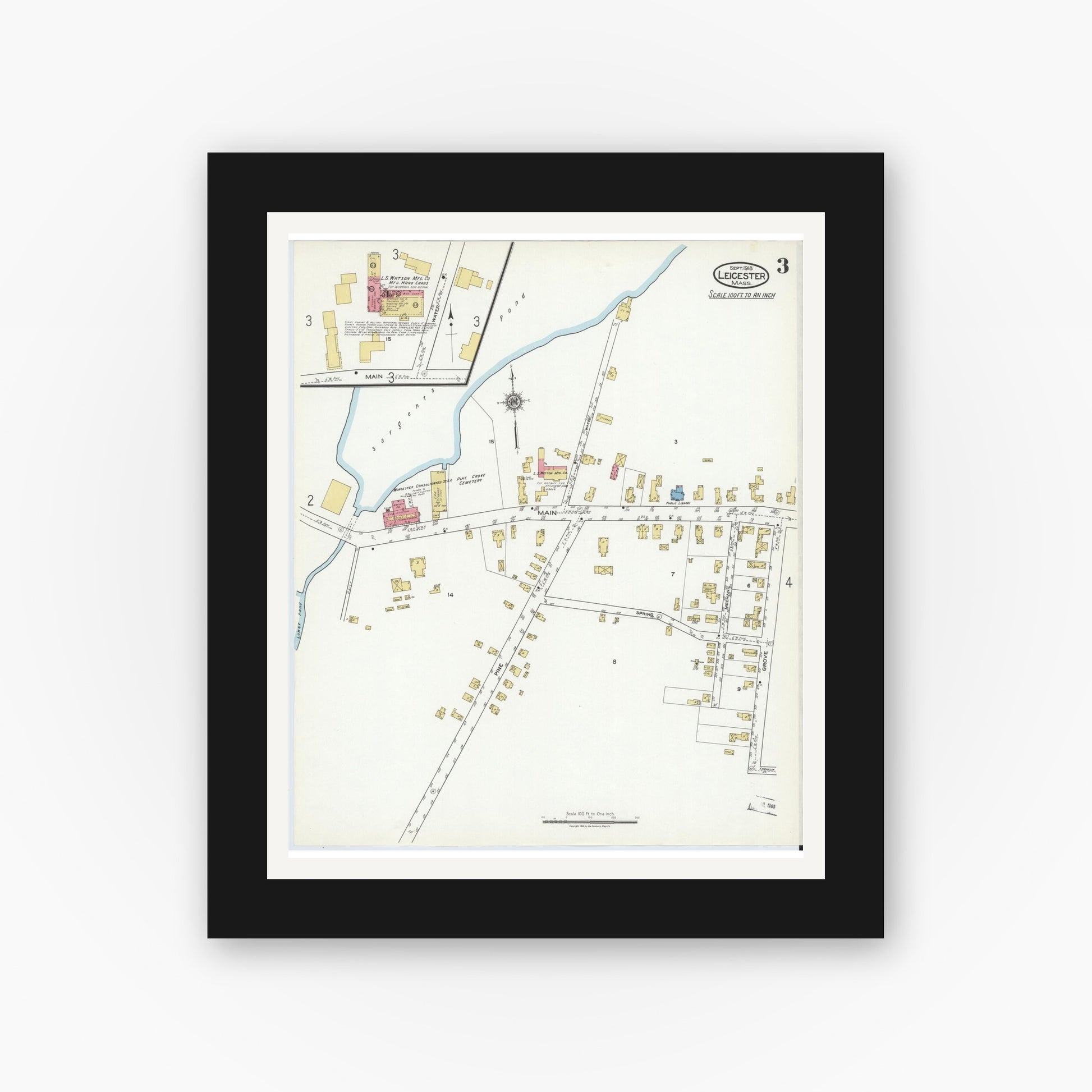 Old map wall art mockup — black gallery frame with white mat — Sanborn Fire Insurance Map from Leicester, Worcester County, Massachusetts (1918), Sheet #0003