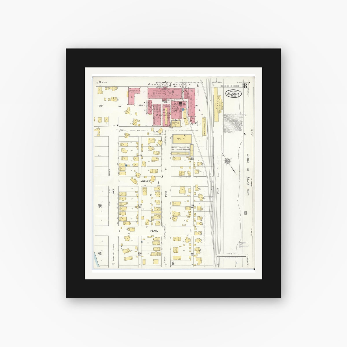 Old map wall art mockup — black gallery frame with white mat — Sanborn Fire Insurance Map from Saint Joseph, Berrien County, Michigan (1921), Sheet #0008