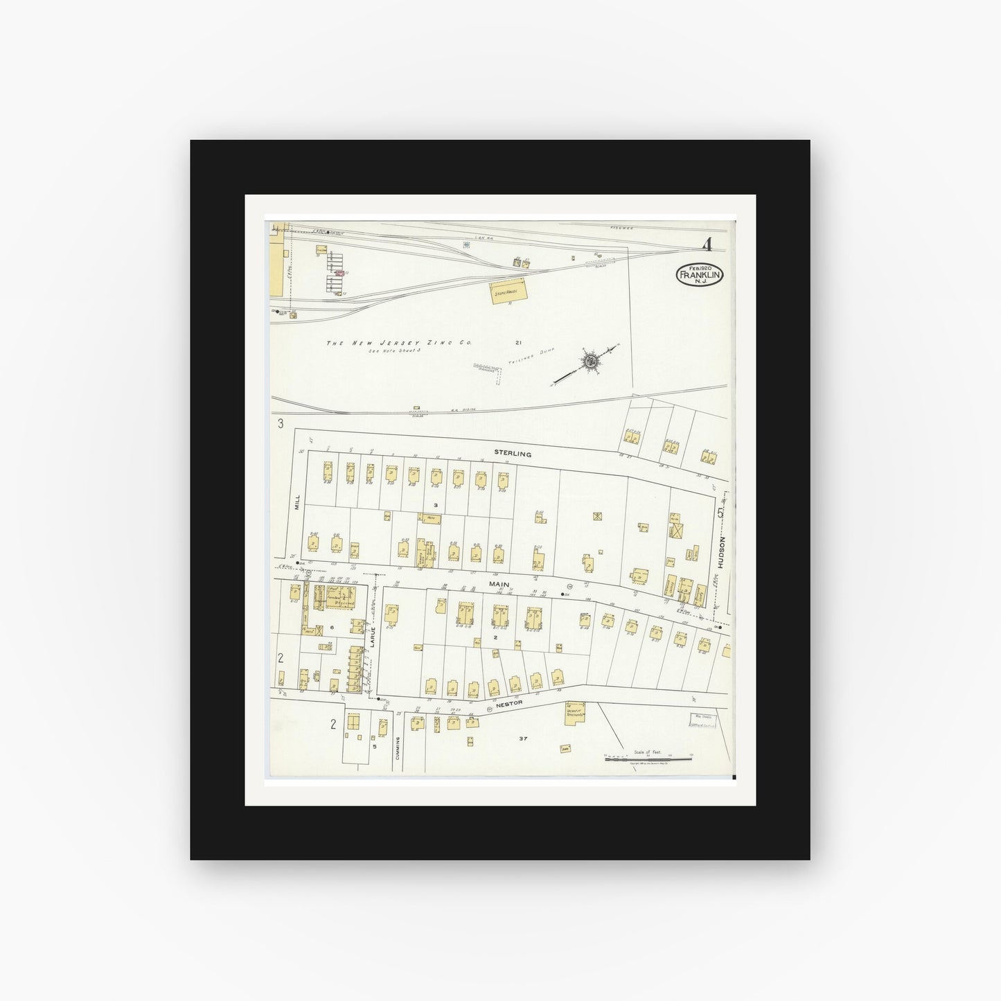 Old map wall art mockup — black gallery frame with white mat — Sanborn Fire Insurance Map from Franklin, Sussex County, New Jersey (1920), Sheet #0004