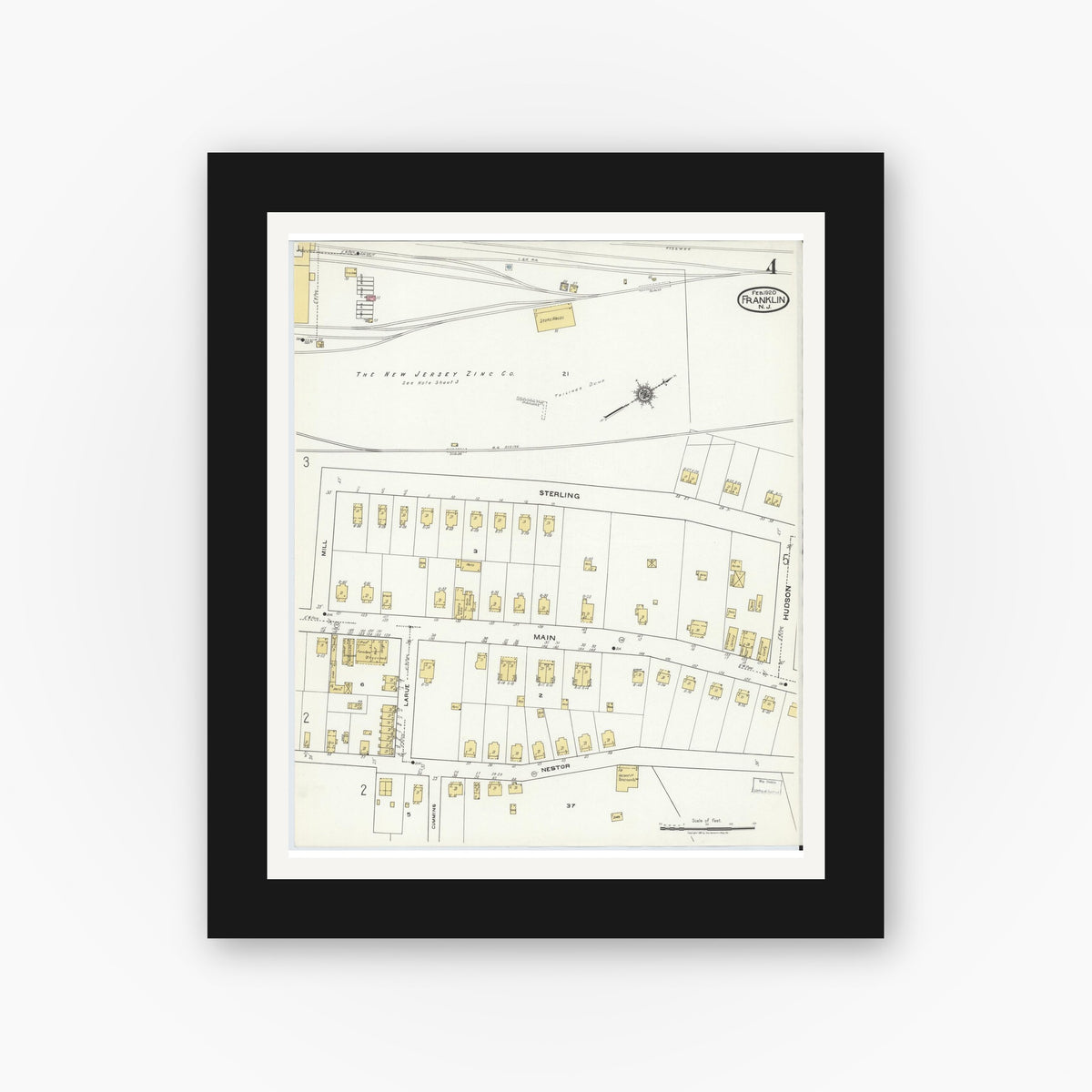 Old map wall art mockup — black gallery frame with white mat — Sanborn Fire Insurance Map from Franklin, Sussex County, New Jersey (1920), Sheet #0004