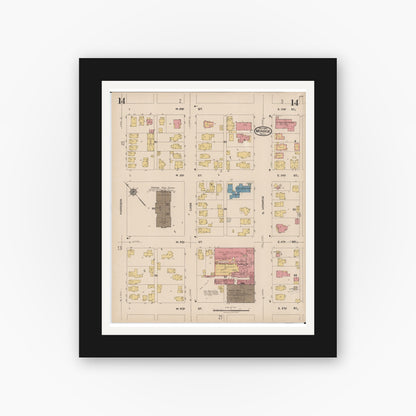 Old map wall art mockup — black gallery frame with white mat — Sanborn Fire Insurance Map from Monroe, Monroe County, Michigan (1922), Sheet #0014