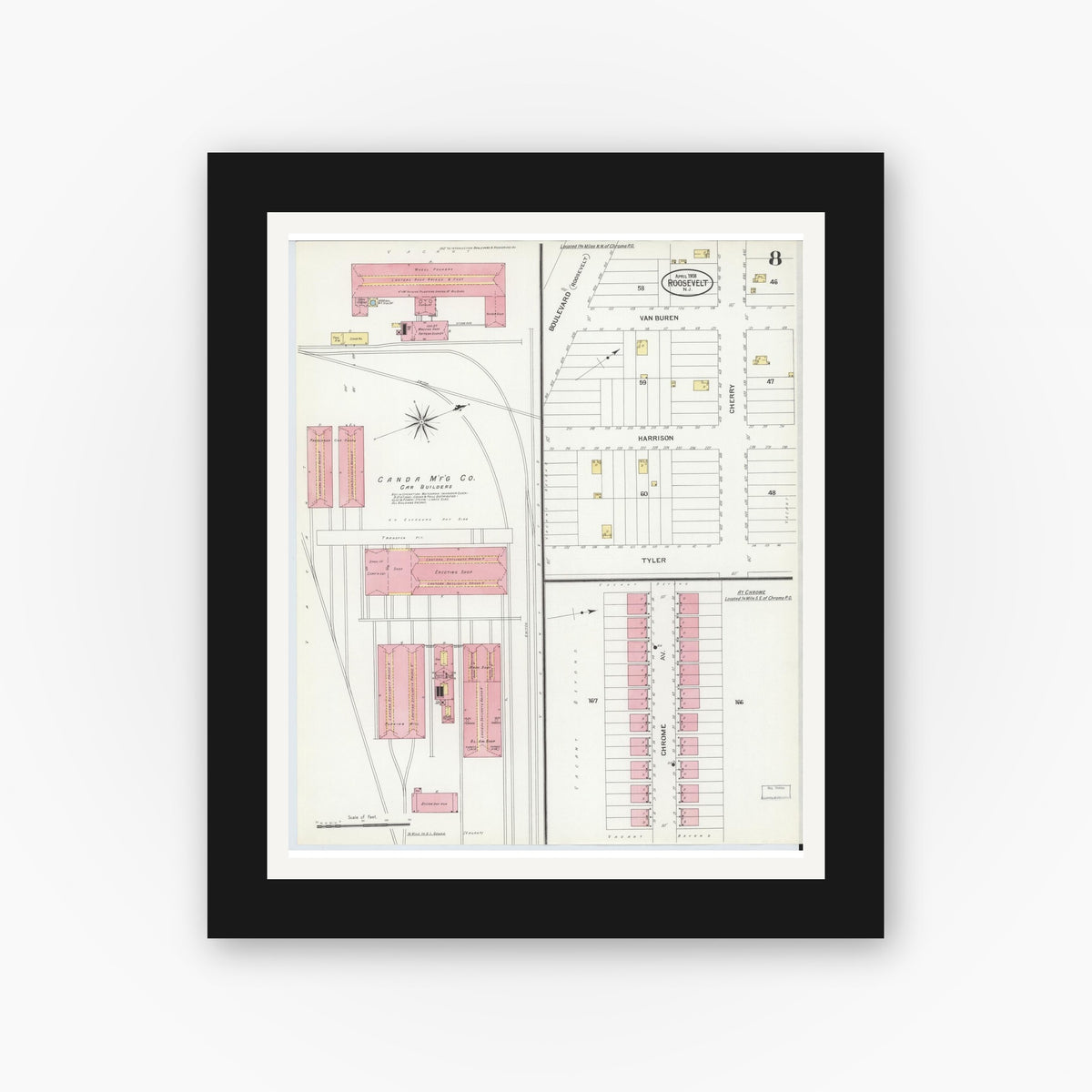 Old map wall art mockup — black gallery frame with white mat — Sanborn Fire Insurance Map from Roosevelt, Middlesex County, New Jersey (1908), Sheet #0008
