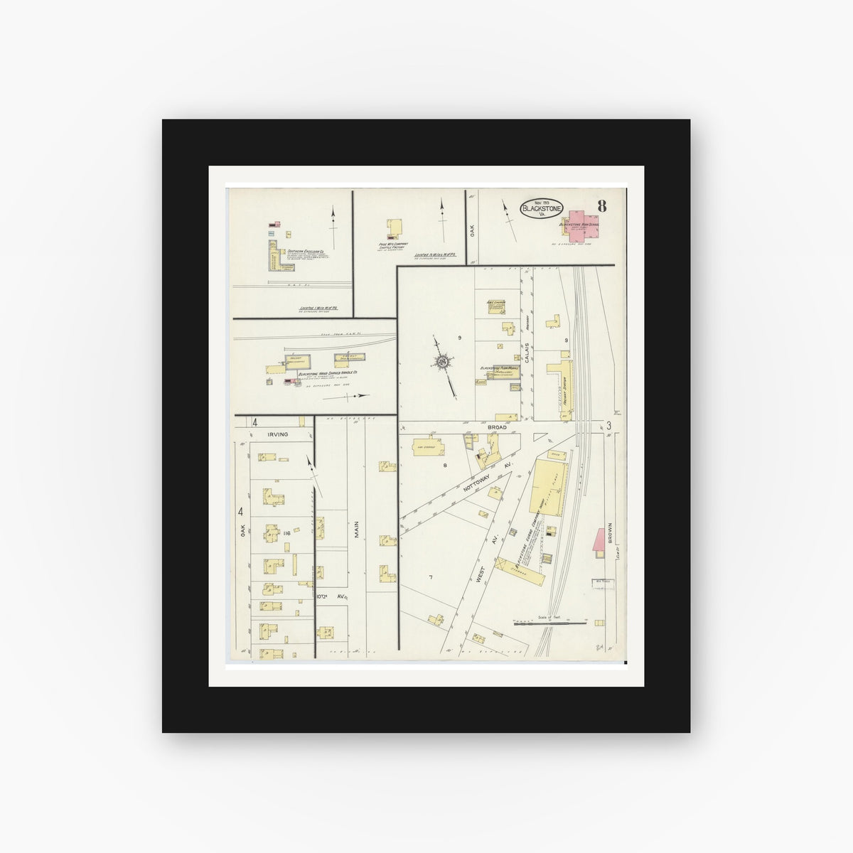 Old map wall art mockup — black gallery frame with white mat — Sanborn Fire Insurance Map from Blackstone, Nottoway County, Virginia (1913), Sheet #0008