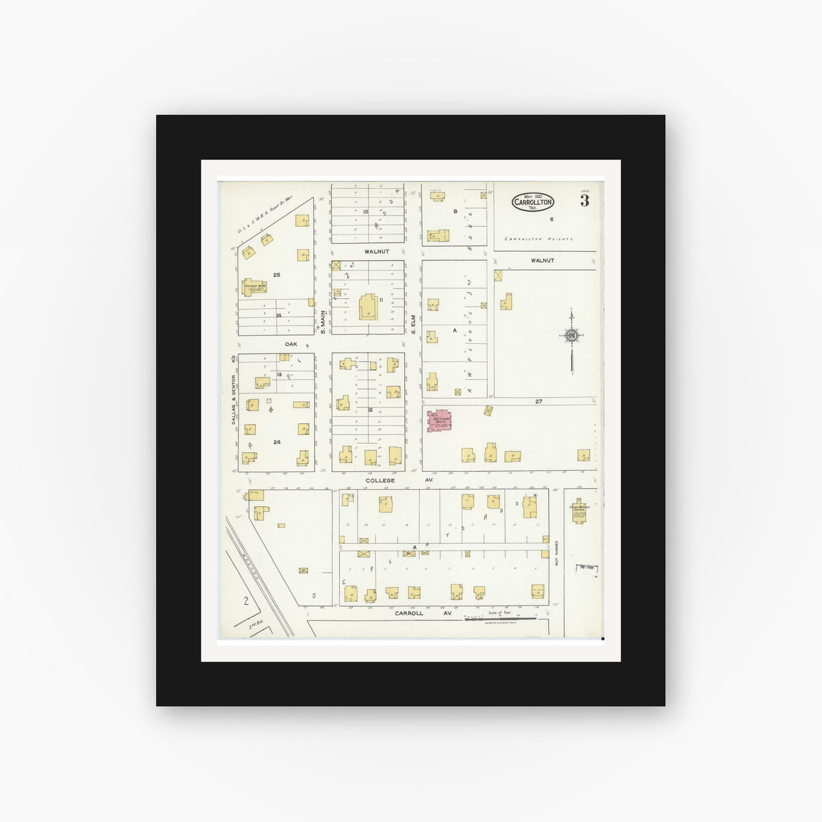 Old map wall art mockup — black gallery frame with white mat — Sanborn Fire Insurance Map from Carrollton, Dallas County, Texas (1921), Sheet #0003
