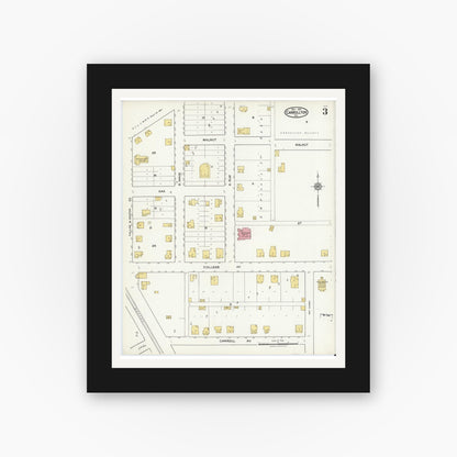 Old map wall art mockup — black gallery frame with white mat — Sanborn Fire Insurance Map from Carrollton, Dallas County, Texas (1921), Sheet #0003