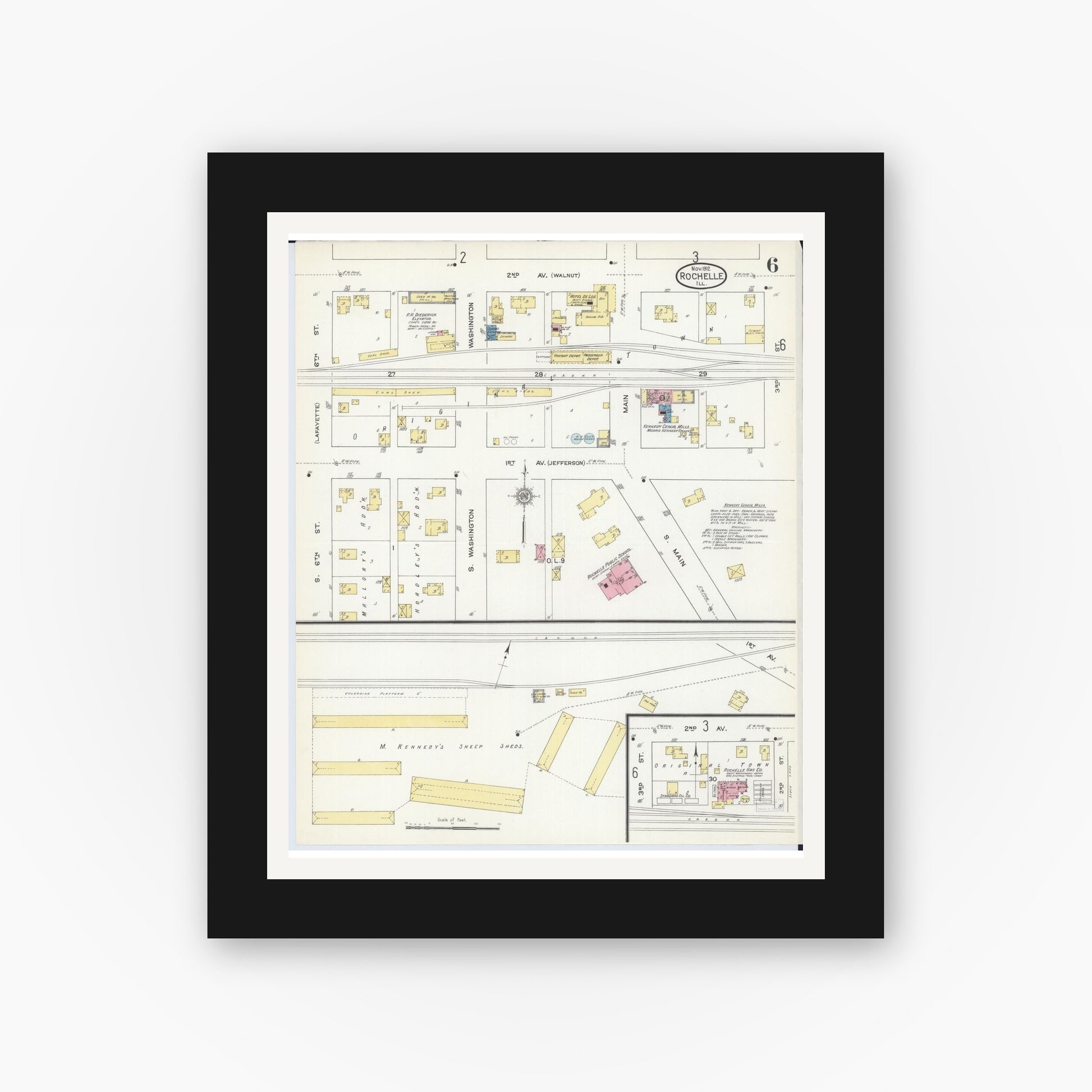 Old map wall art mockup — black gallery frame with white mat — Sanborn Fire Insurance Map from Rochelle, Ogle County, Illinois (1912), Sheet #0006