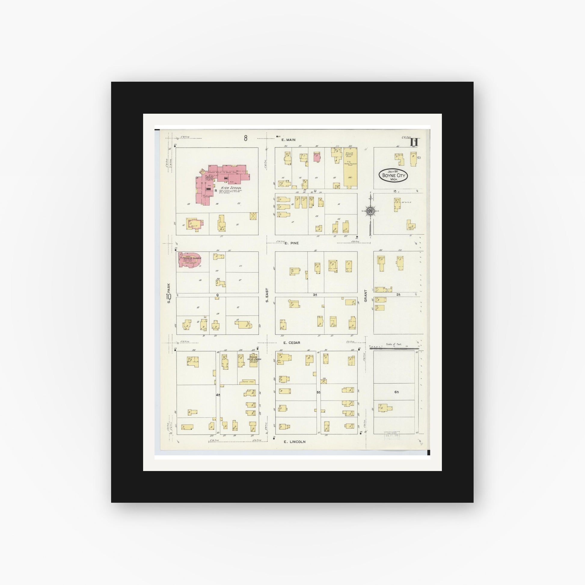 Old map wall art mockup — black gallery frame with white mat — Sanborn Fire Insurance Map from Boyne City, Charlevoix County, Michigan (1911), Sheet #0011