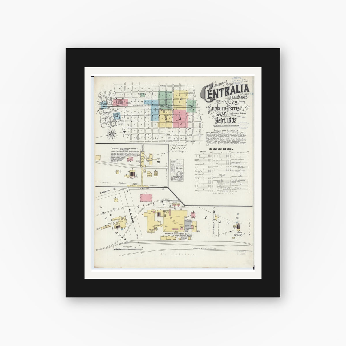 Old map wall art mockup — black gallery frame with white mat — Sanborn Fire Insurance Map from Centralia, Marion, Clinton, Jefferson, and Washington Counties, Illinois (1897) - Complete Map Set