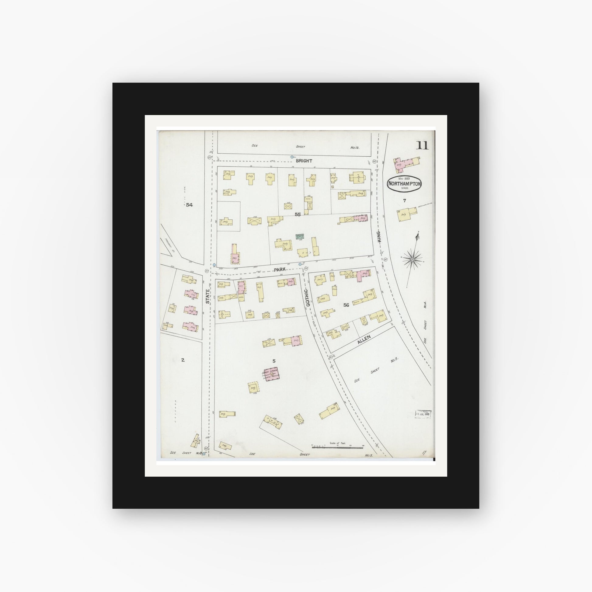 Old map wall art mockup — black gallery frame with white mat — Sanborn Fire Insurance Map from Northampton, Hampshire County, Massachusetts (1889), Sheet #0011