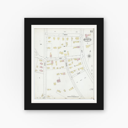 Old map wall art mockup — black gallery frame with white mat — Sanborn Fire Insurance Map from Northampton, Hampshire County, Massachusetts (1889), Sheet #0011