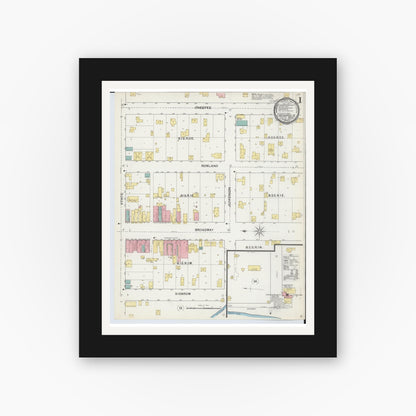 Old map wall art mockup — black gallery frame with white mat — Sanborn Fire Insurance Map from Cassopolis, Cass County, Michigan (1892), Sheet #0001