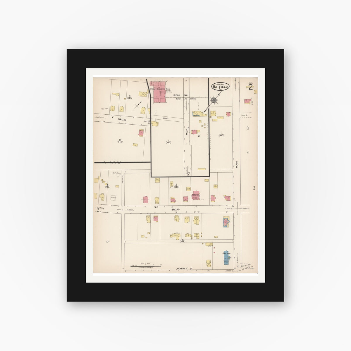 Old map wall art mockup — black gallery frame with white mat — Sanborn Fire Insurance Map from Hatfield, Montgomery County, Pennsylvania (1922), Sheet #0002