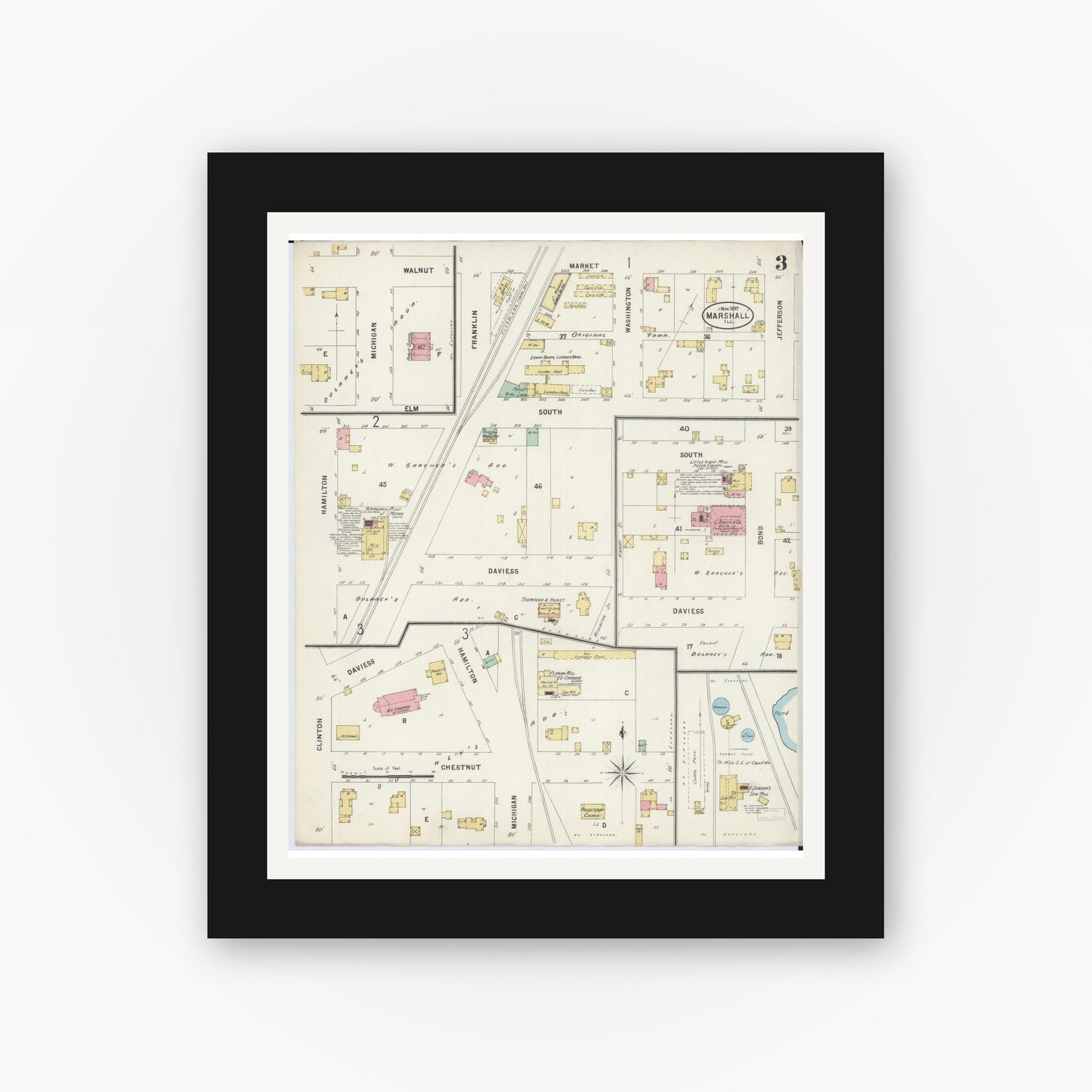Old map wall art mockup — black gallery frame with white mat — Sanborn Fire Insurance Map from Marshall, Clark County, Illinois (1897), Sheet #0003