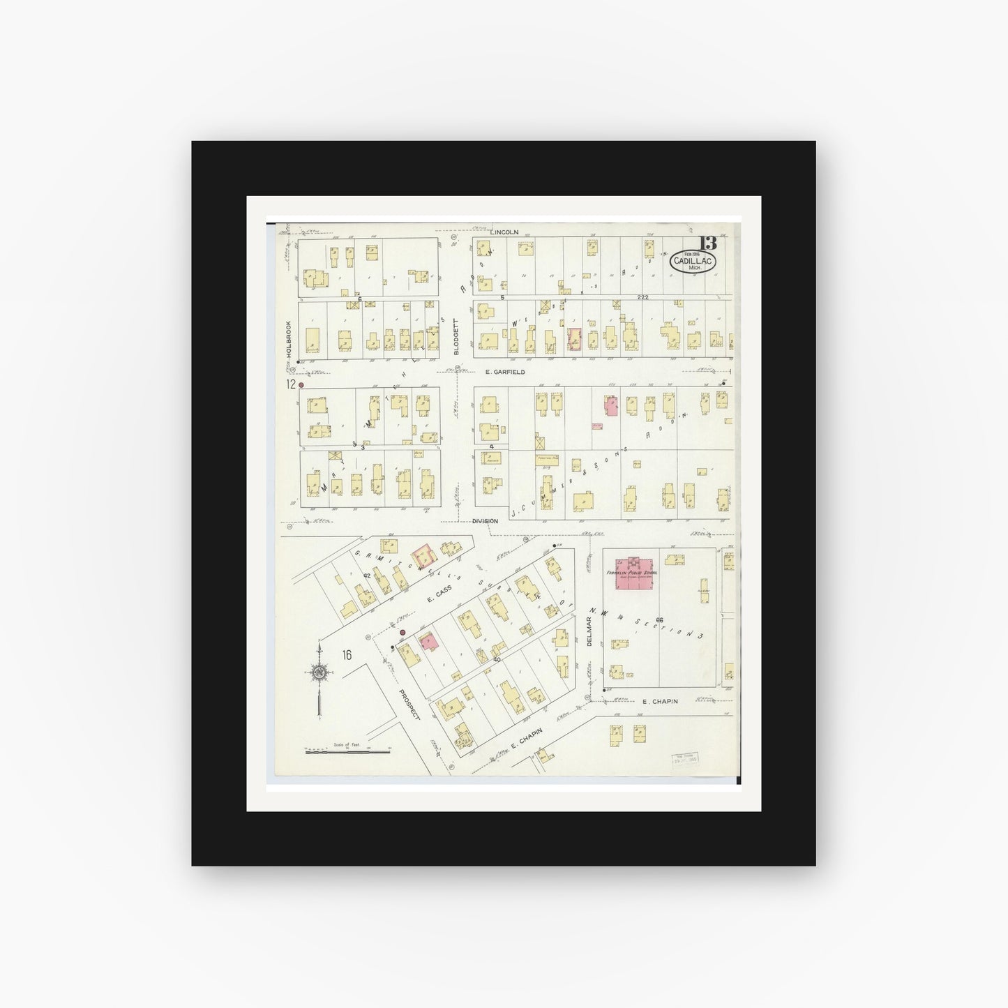 Old map wall art mockup — black gallery frame with white mat — Sanborn Fire Insurance Map from Cadillac, Wexford County, Michigan (1914), Sheet #0013