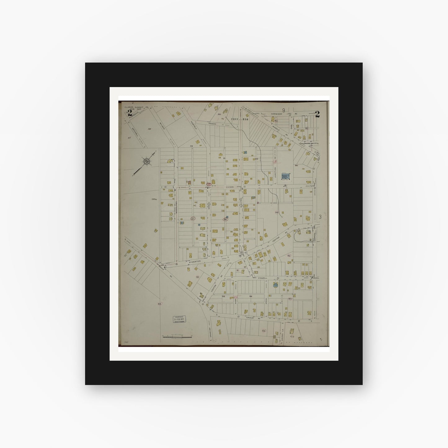 Old map wall art mockup — black gallery frame with white mat — Sanborn Fire Insurance Map from Clark's Summit, Lackawanna County, Pennsylvania (1942), Sheet #0002