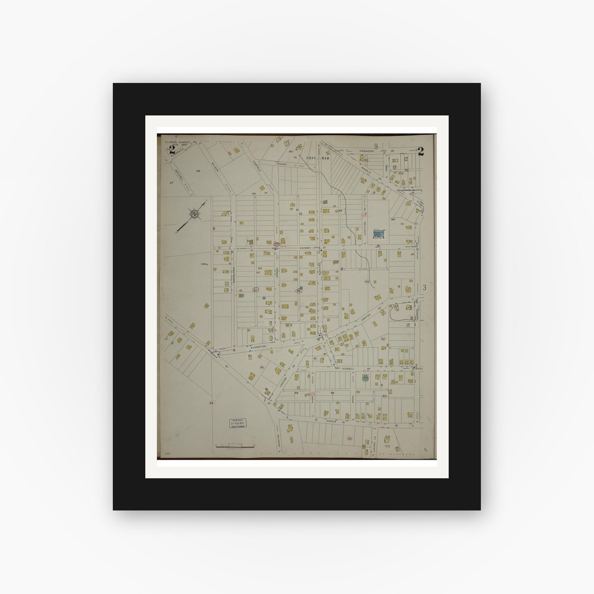 Old map wall art mockup — black gallery frame with white mat — Sanborn Fire Insurance Map from Clark's Summit, Lackawanna County, Pennsylvania (1942), Sheet #0002
