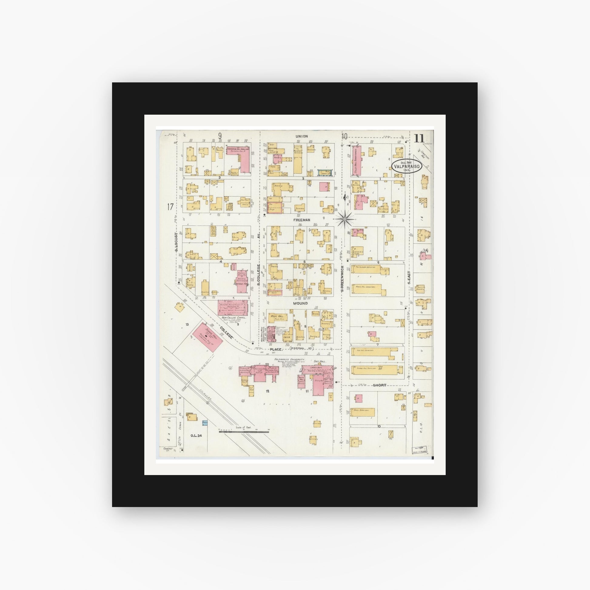 Old map wall art mockup — black gallery frame with white mat — Sanborn Fire Insurance Map from Valparaiso, Porter County, Indiana (1905), Sheet #0011