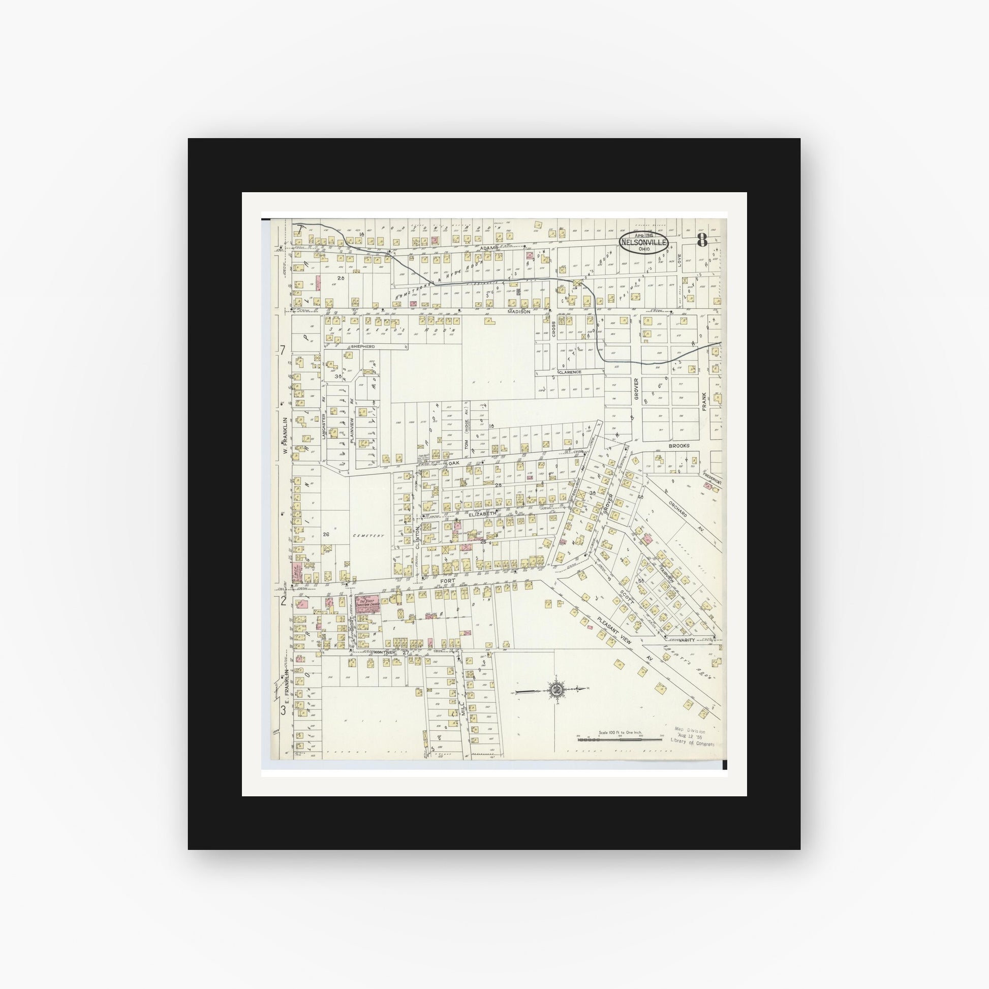 Old map wall art mockup — black gallery frame with white mat — Sanborn Fire Insurance Map from Nelsonville, Athens County, Ohio (1914), Sheet #0008