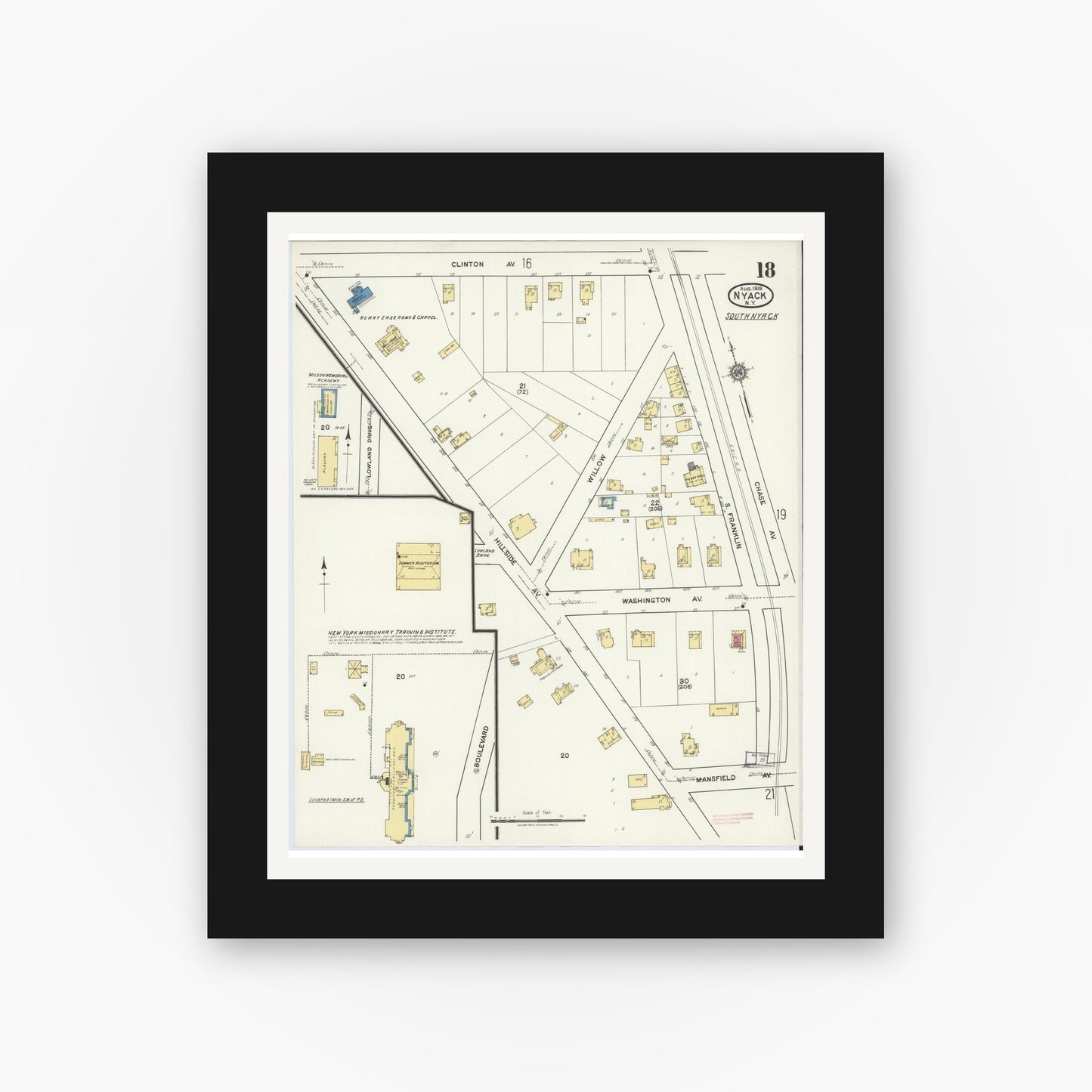 Old map wall art mockup — black gallery frame with white mat — Sanborn Fire Insurance Map from Nyack, Rockland County, New York. (1919), Sheet #0018