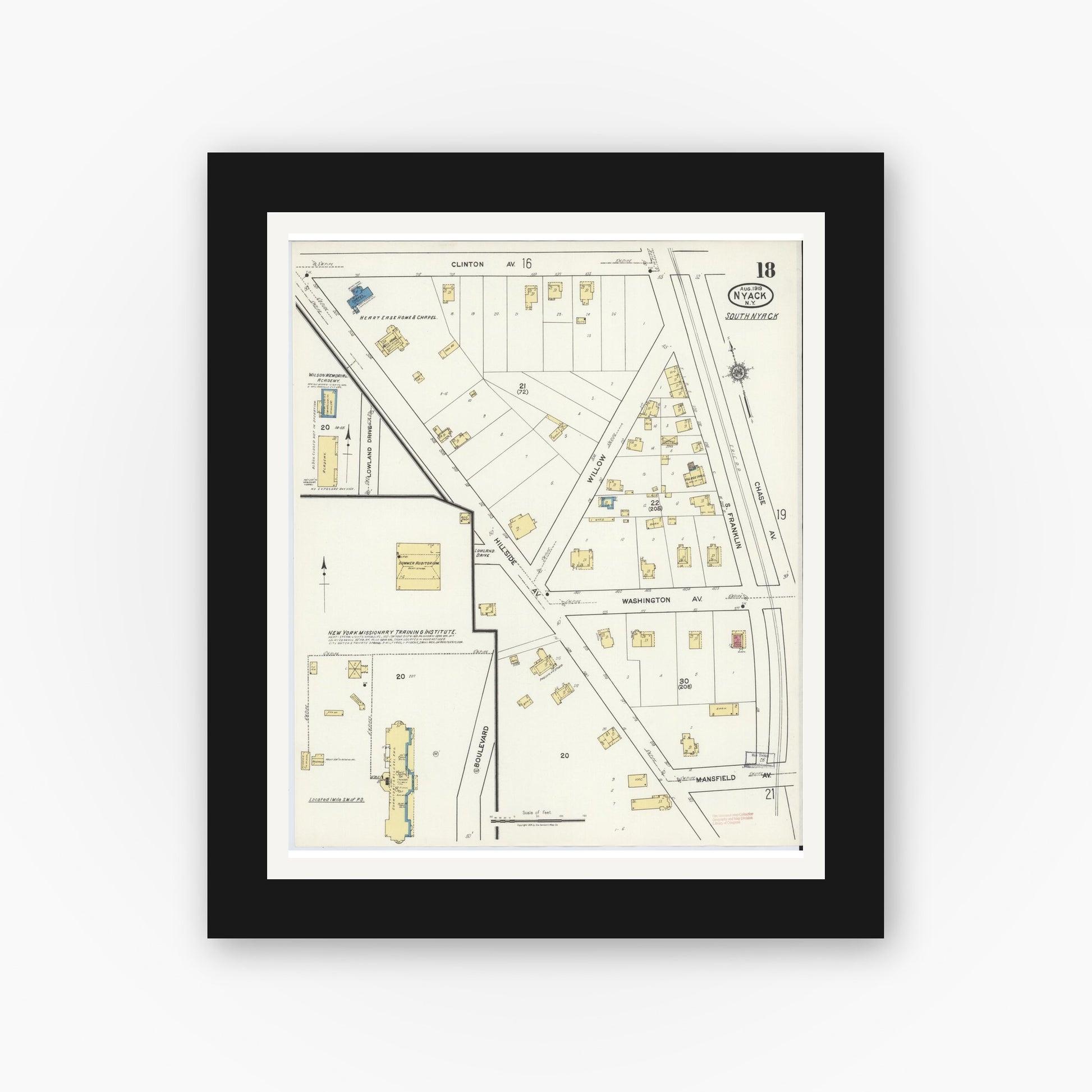 Old map wall art mockup — black gallery frame with white mat — Sanborn Fire Insurance Map from Nyack, Rockland County, New York. (1919), Sheet #0018