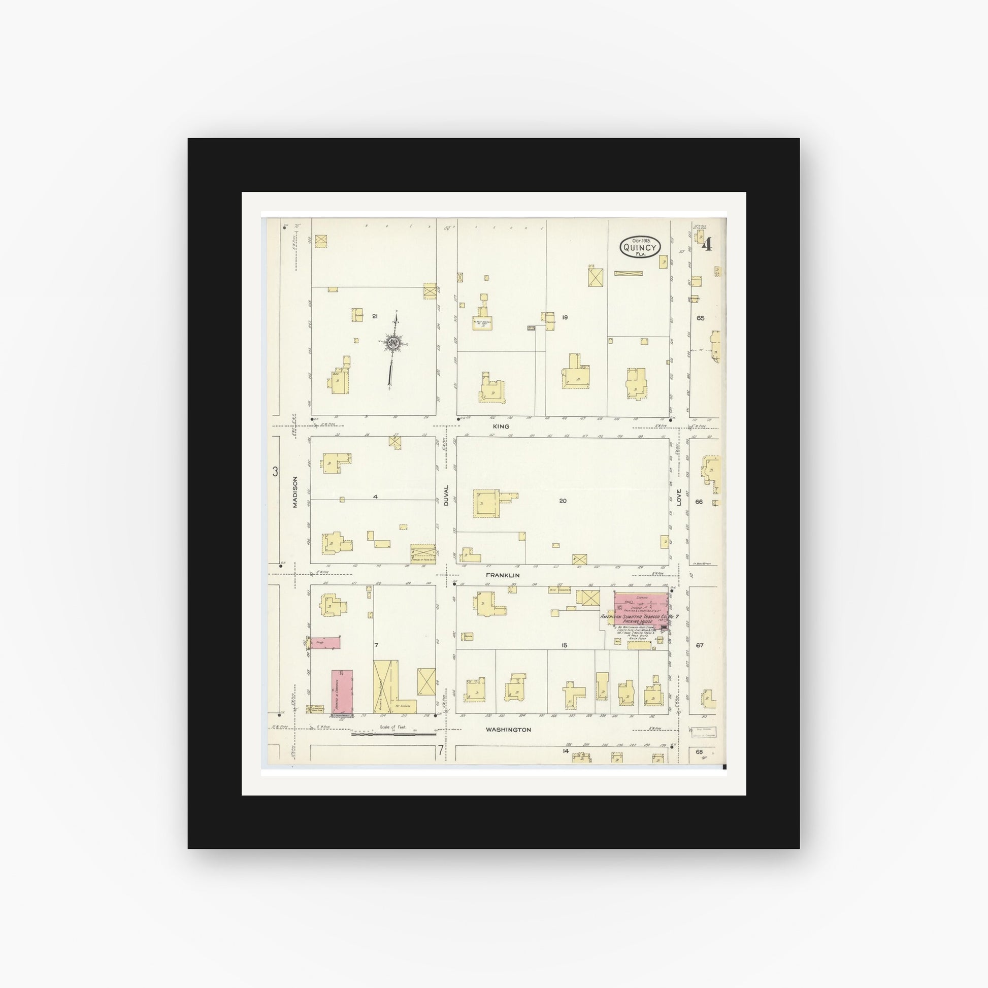 Old map wall art mockup — black gallery frame with white mat — Sanborn Fire Insurance Map from Quincy, Gadsden County, Florida (1913), Sheet #0004