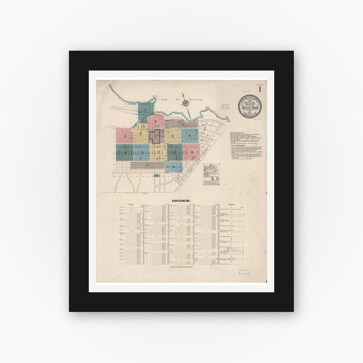 Old map wall art mockup — black gallery frame with white mat — Sanborn Fire Insurance Map from Pacific Grove, Monterey County, California (1914) - Complete Map Set