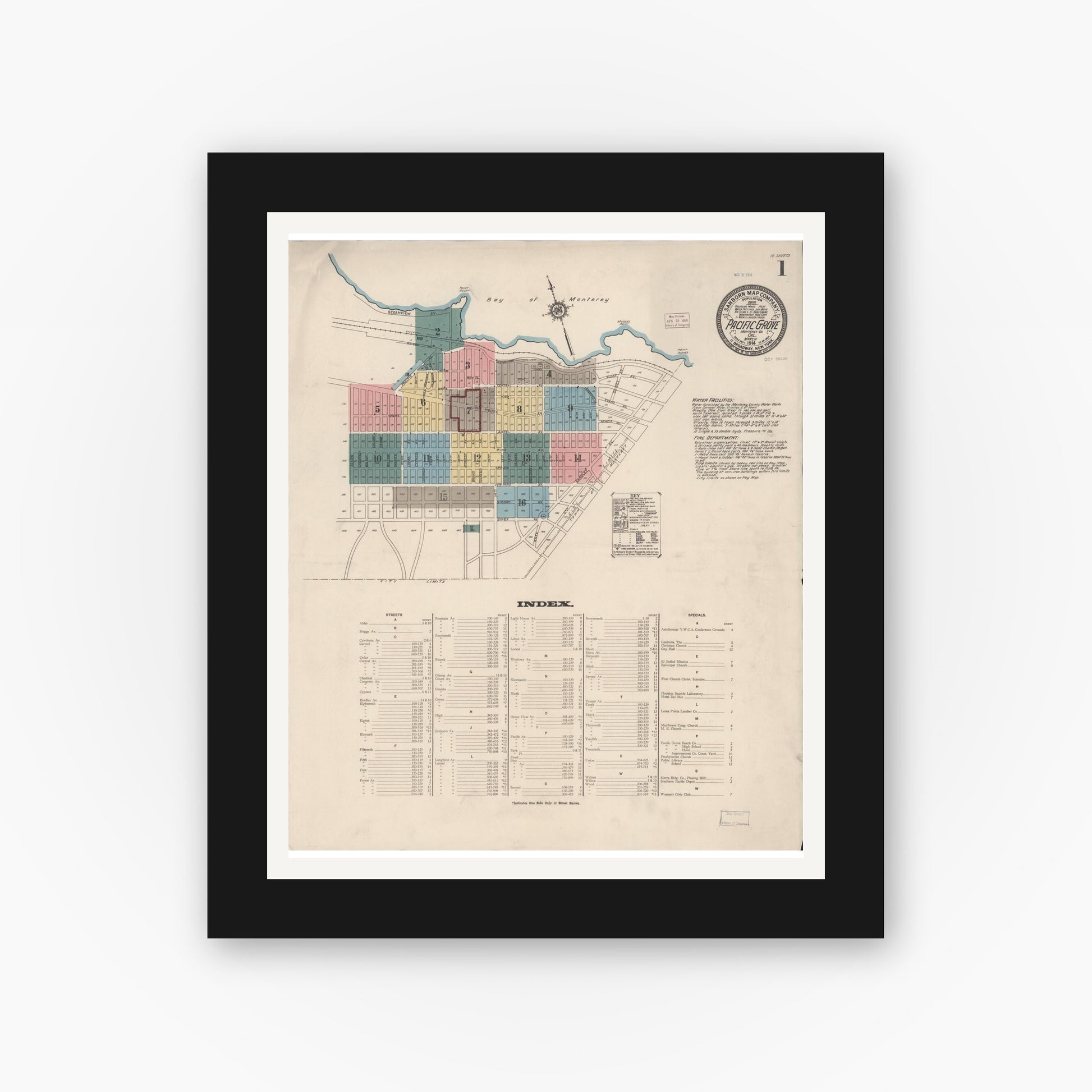 Old map wall art mockup — black gallery frame with white mat — Sanborn Fire Insurance Map from Pacific Grove, Monterey County, California (1914) - Complete Map Set