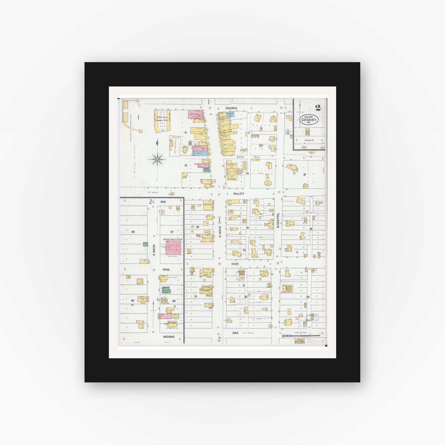 Old map wall art mockup — black gallery frame with white mat — Sanborn Fire Insurance Map from Granby, Newton County, Missouri (1902), Sheet #0002