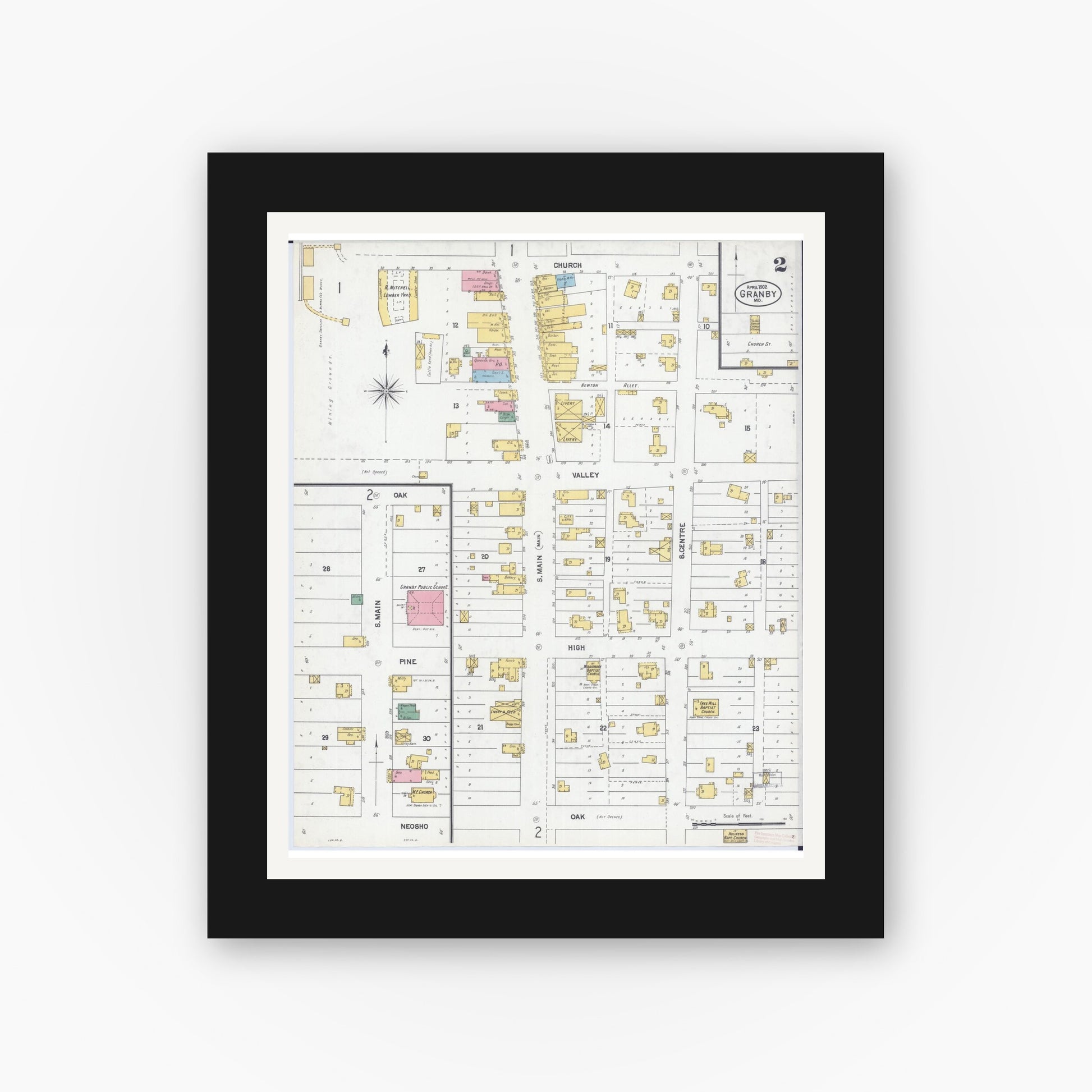 Old map wall art mockup — black gallery frame with white mat — Sanborn Fire Insurance Map from Granby, Newton County, Missouri (1902), Sheet #0002
