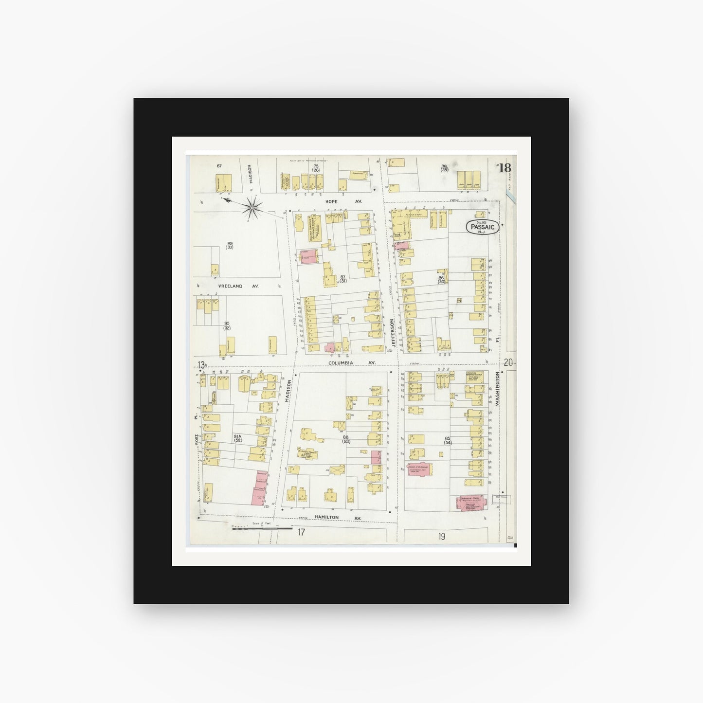 Old map wall art mockup — black gallery frame with white mat — Sanborn Fire Insurance Map from Passaic, Passaic County, New Jersey (1903), Sheet #0018