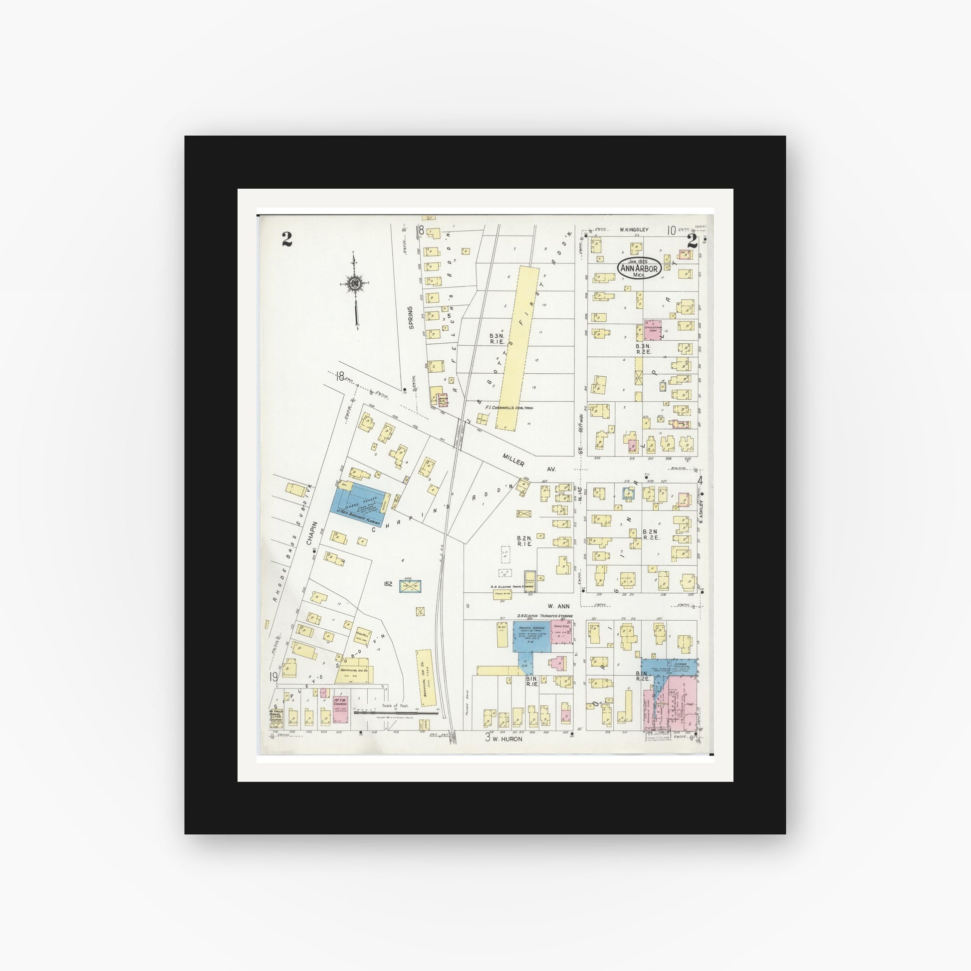 Old map wall art mockup — black gallery frame with white mat — Sanborn Fire Insurance Map from Ann Arbor, Washtenaw County, Michigan (1925), Sheet #0002