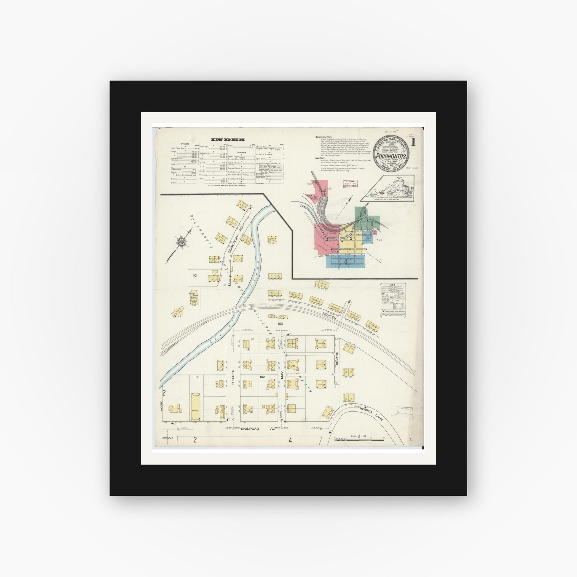 Old map wall art mockup — black gallery frame with white mat — Sanborn Fire Insurance Map from Pocahontas, Tazewell County, Virginia (1913) - Complete Map Set