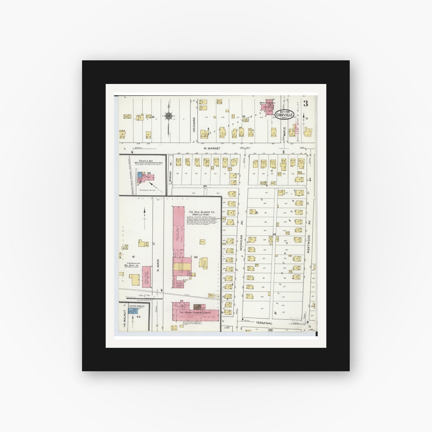 Old map wall art mockup — black gallery frame with white mat — Sanborn Fire Insurance Map from Orrville, Wayne County, Ohio (1920), Sheet #0003