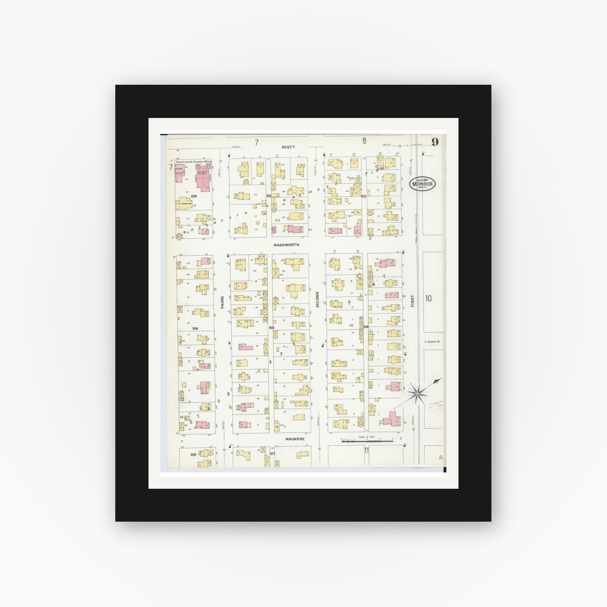 Old map wall art mockup — black gallery frame with white mat — Sanborn Fire Insurance Map from Monroe, Monroe County, Michigan (1908), Sheet #0009
