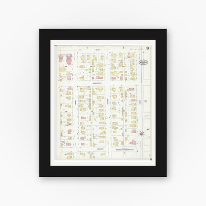 Old map wall art mockup — black gallery frame with white mat — Sanborn Fire Insurance Map from Monroe, Monroe County, Michigan (1908), Sheet #0009