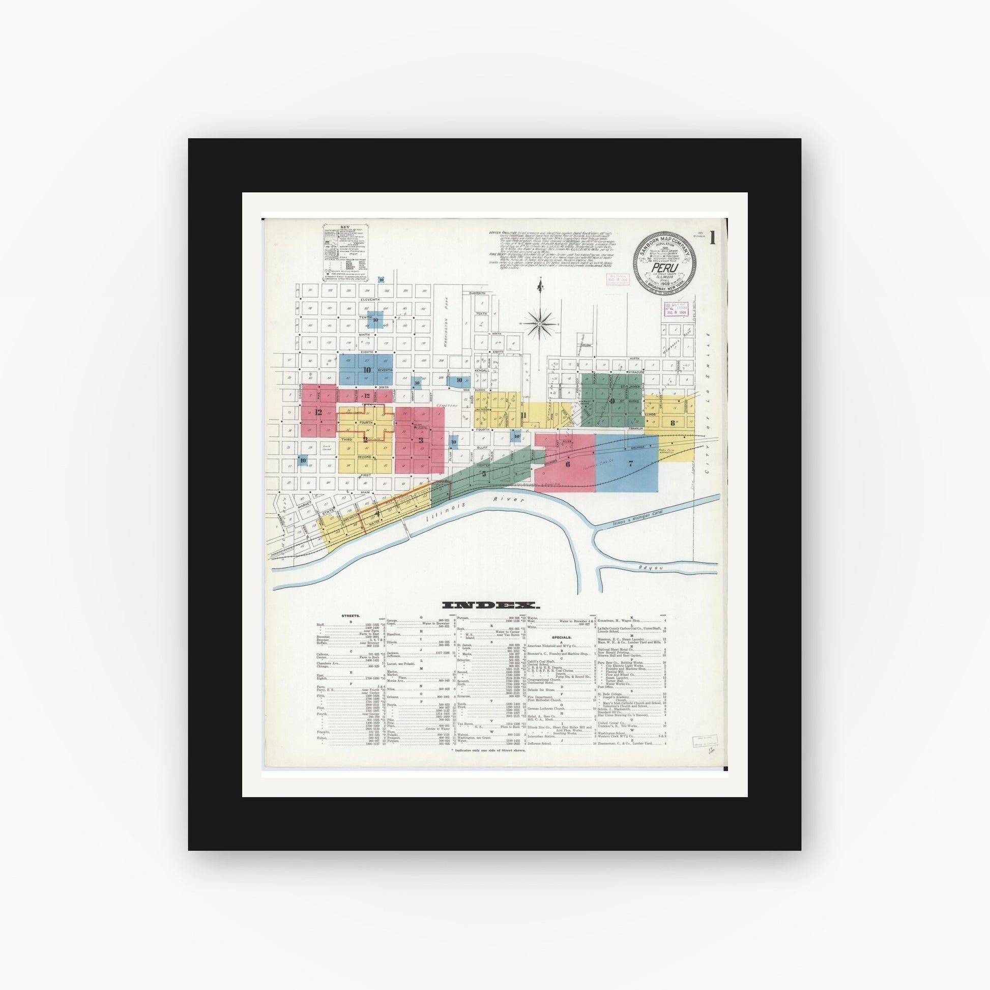 Old map wall art mockup — black gallery frame with white mat — Sanborn Fire Insurance Map from Peru, La Salle County, Illinois (1909) - Complete Map Set