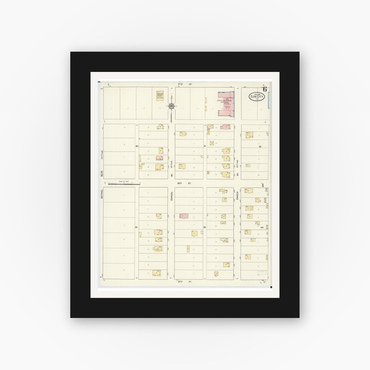 Old map wall art mockup — black gallery frame with white mat — Sanborn Fire Insurance Map from Zion, Lake County, Illinois (1911), Sheet #0006